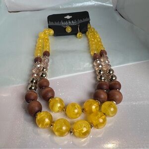Nicole Miller | Yellow and Brown Beaded Statement Necklace with Earrings…